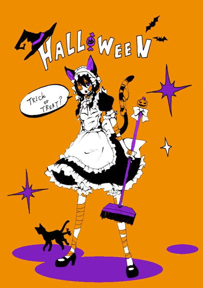 :o apron artist_request bandages bat bell black_hair bloomers braid broom candy cat cat_ears cat_tail collar english eyepatch halloween hat high_heels kobushi_abiru maid open_mouth pumpkin purple_eyes sayonara_zetsubou_sensei shoes solo spread_legs standing tail trick_or_treat twintails violet_eyes witch_hat