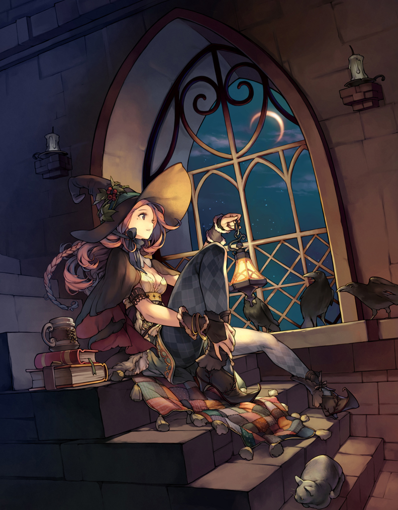 argyle_legwear bird book braid breasts brown_eyes brown_hair cat cleavage comet_(artist) comet_(teamon) crow fantasy halloween hat lantern night original pantyhose sitting solo stairs window witch witch_hat