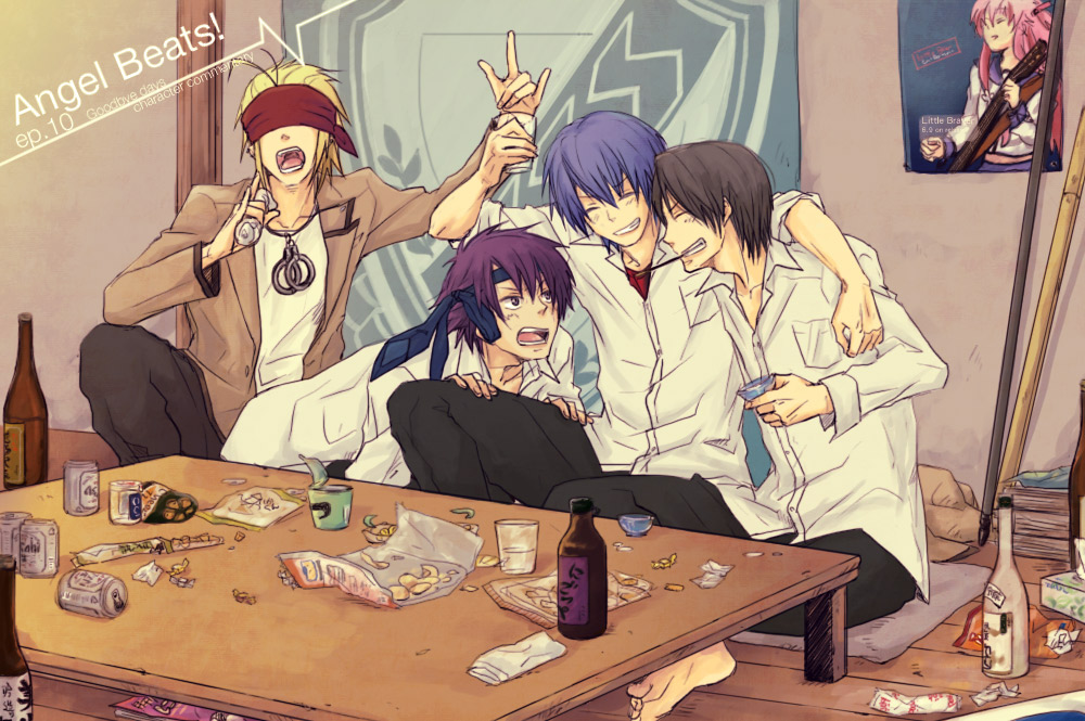 6cm angel_beats! bottle can fujimaki_(angel_beats!) hinata_(angel_beats!) male mess multiple_boys noda_(angel_beats!) sake school_uniform table tk_(angel_beats!)