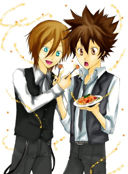 basil blue_eyes brown_eyes brown_hair eating katekyo_hitman_reborn sawada_tsunayoshi smile necktie vest