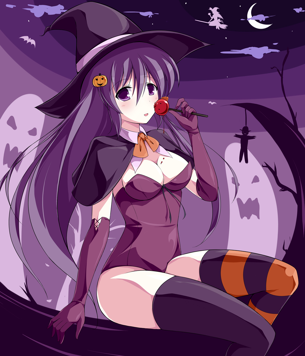 asymmetrical_clothing blush breasts candy cleavage elbow_gloves gloves halloween hat lollipop long_hair maullarmaullar mismatched_legwear mismatched_thighhighs open_mouth purple_eyes purple_hair shihou_matsuri sitting sola striped striped_legwear striped_thighhighs thigh-highs thighhighs violet_eyes witch_hat
