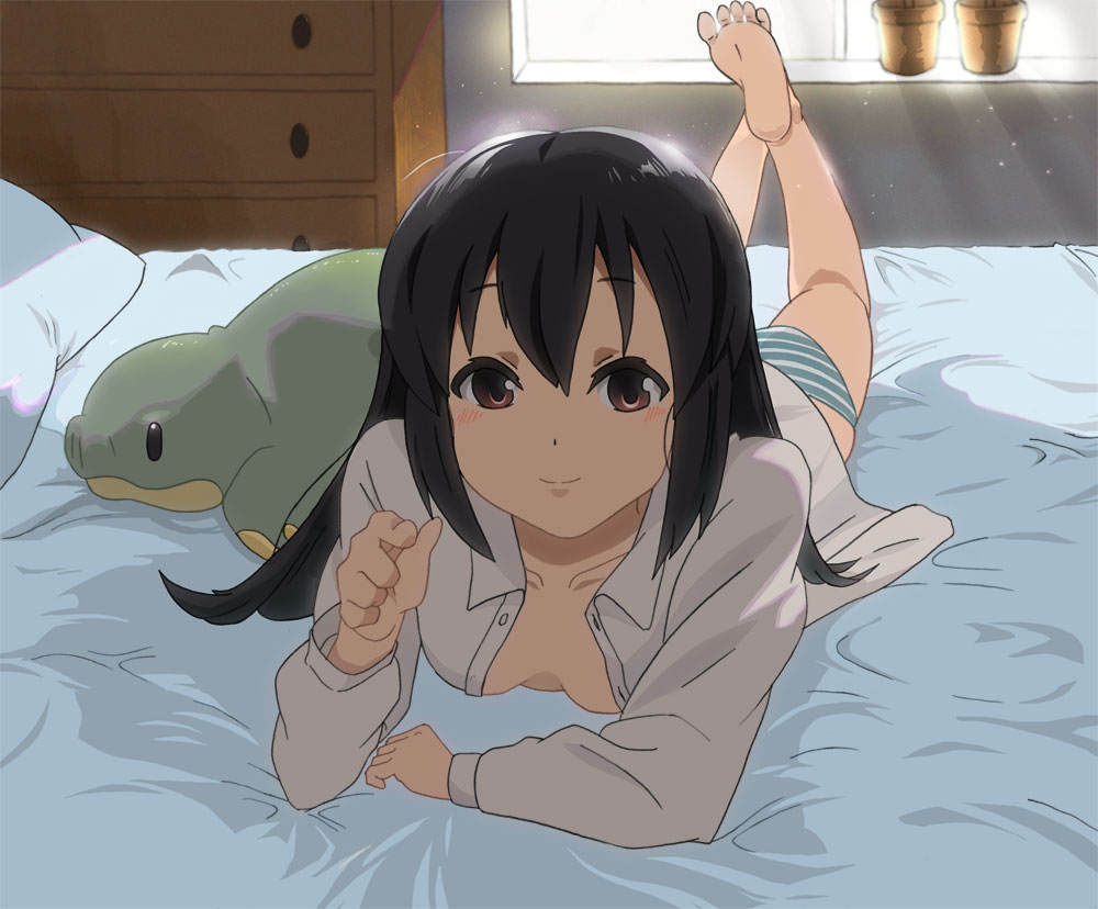 bed bedroom blush breasts brown_eyes chiro. down_blouse feet foreshortening hair_down k-on! long_hair lying nakano_azusa no_bra no_pants on_stomach open_clothes open_shirt panties pointing smile soles solo striped striped_panties stuffed_animal stuffed_toy ton-chan underwear