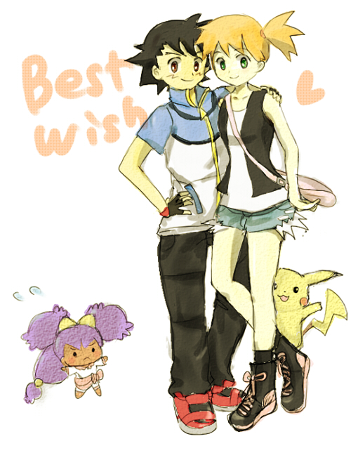 1boy 2girls :3 a-rinko bag bare_shoulders blue_eyes blush bow cosplay couple denim denim_shorts fingerless_gloves frown gloves green_eyes hair_bow hand_on_hip hand_on_shoulder heart iris_(pokemon) jacket kasumi_(pokemon) long_hair male messenger_bag multiple_girls open_mouth orange_hair pants pikachu pokemon pokemon_(anime) pokemon_(creature) pokemon_(game) pokemon_black_and_white pokemon_bw ponytail purple_hair purse satoshi_(pokemon) shoes short_hair short_shorts short_sleeves shorts side_ponytail simple_background smile socks touko_(pokemon) touko_(pokemon)_(cosplay) touya_(pokemon) twintails two_side_up very_long_hair vest zipper