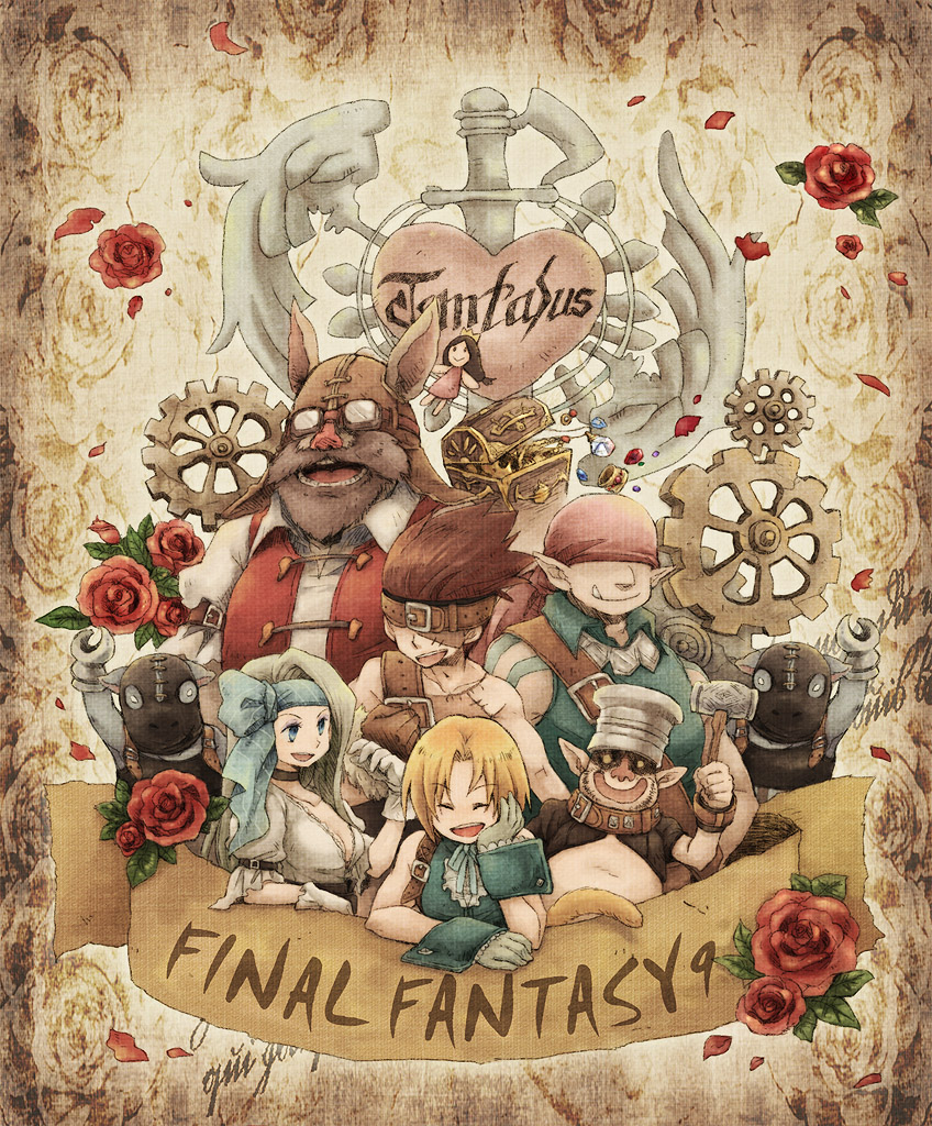 blank cinna cogs doll everyone final_fantasy final_fantasy_ix flower gears goggles marcus nero_brothers niwa_toriko red_rose rose ruby_(ff9) smile treasure_chest zidane_tribal