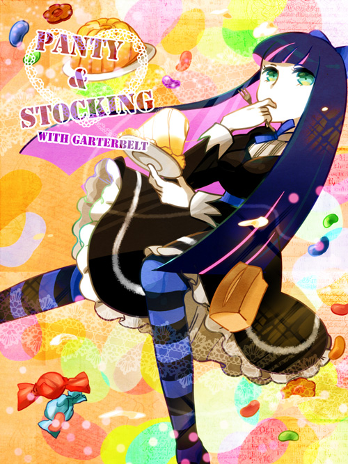 bad_id blue_hair bow candy dress gothic_lolita hair_bow lolita_fashion long_hair panty_&amp;_stocking_with_garterbelt shifumi solo stocking_(character) stocking_(psg) striped striped_legwear striped_thighhighs thigh-highs thighhighs