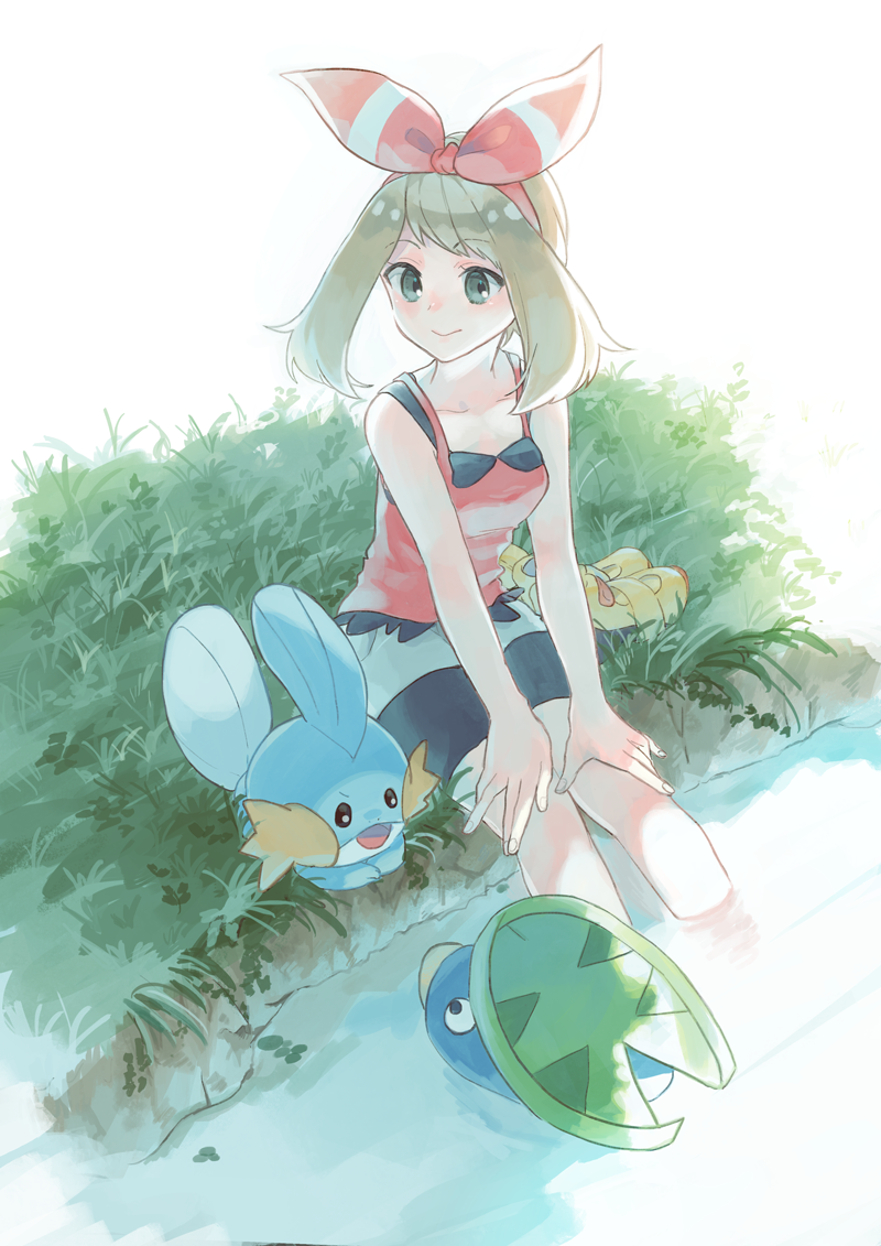 1girl bangs bare_arms bike_shorts bike_shorts_under_shorts bow_hairband brown_hair closed_mouth collarbone commentary eyelashes grass grey_eyes hairband hands_on_own_thighs looking_to_the_side lotad may_(pokemon) medium_hair mudkip namiri pokemon pokemon_(creature) pokemon_(game) pokemon_oras red_hairband red_shirt shirt shoes shoes_removed shorts sitting sleeveless sleeveless_shirt smile soaking_feet water