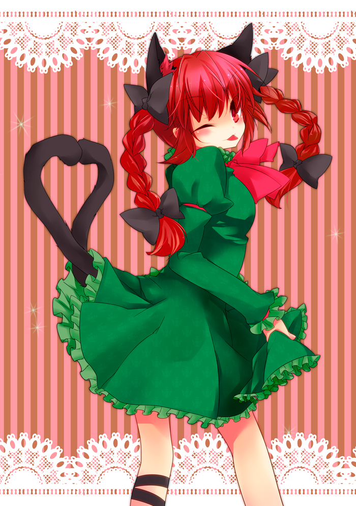 animal_ears bow braid cat_ears cat_tail dress frilled_dress frilled_skirt frills from_behind gown hair_bow heart heart_tail kaenbyou_rin kasha_(youkai) leg_ribbon long_hair looking_at_viewer looking_back mao_(alepricos) multiple_tails neck_ribbon neko_(artist) red_eyes red_hair redhead ribbon skirt skirt_hold skirt_lift tail tongue tongue_out touhou twin_braids very_long_hair wink