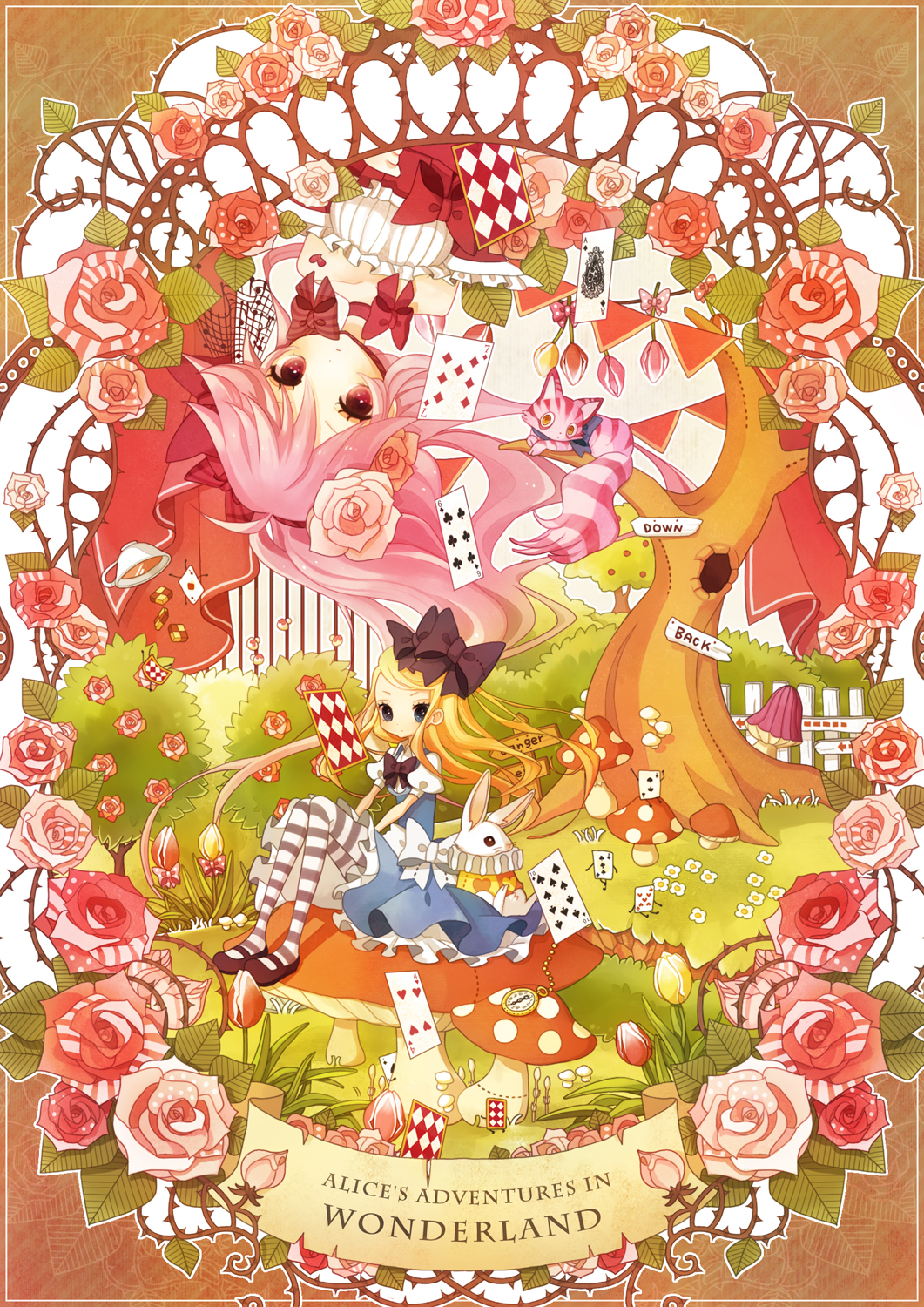 alice_(wonderland) alice_in_wonderland blonde_hair blue_eyes bow card card_creature cheshire_cat cup falling_card flower hair_bow hair_ornament highres mary_janes multicolored_rose mushroom neck_ruff pink_hair pink_rose pocket_watch queen_of_hearts red_eyes red_rose rose shoes teacup thigh-highs thighhighs title_drop tree watch white_rabbit