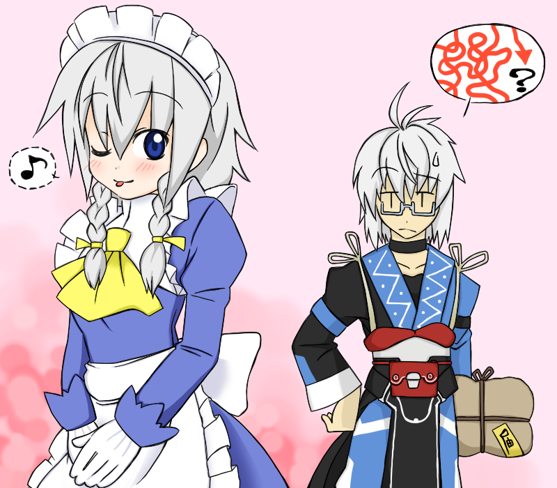 :p ? blue_eyes blush bow braid glasses gloves hair_bow izayoi_sakuya maid maid_headdress morichika_rinnosuke pouch raised_eyebrow sag short_hair sweatdrop tongue touhou twin_braids white_hair wink