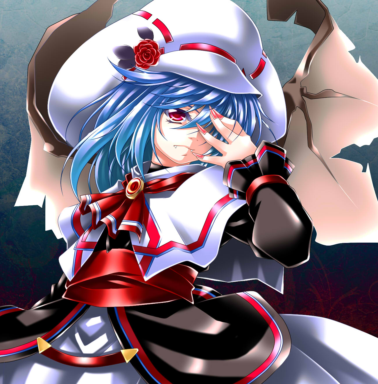 blue_hair fangs fingernails hat nail_polish red_eyes remilia_scarlet solo touhou wings yoiti