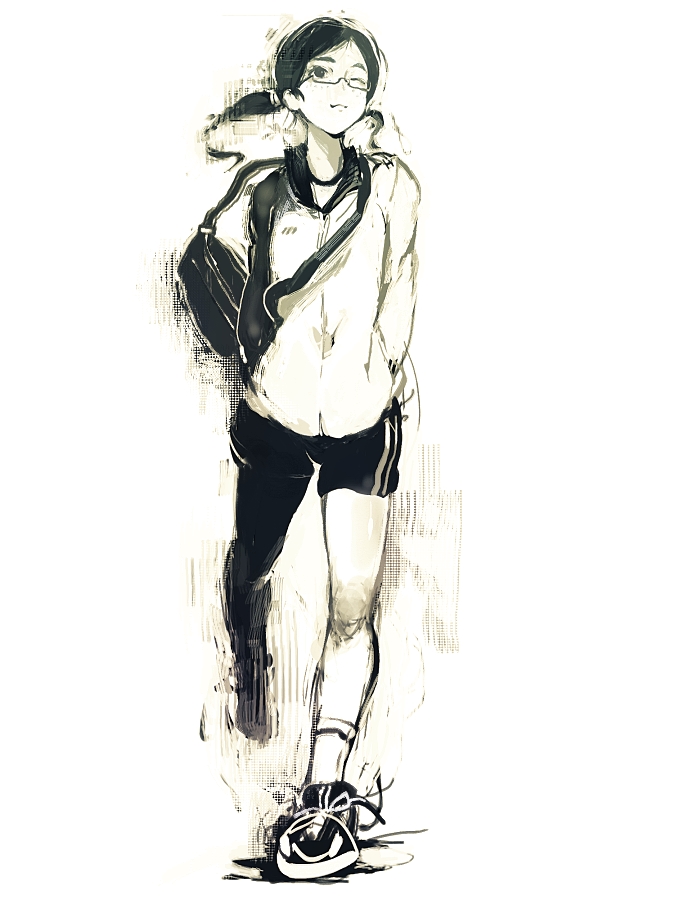 arms_behind_back bag freckles glasses low_twintails messenger_bag monochrome original shoes shorts shoulder_bag sneakers solo sugimoto_gang twintails wink