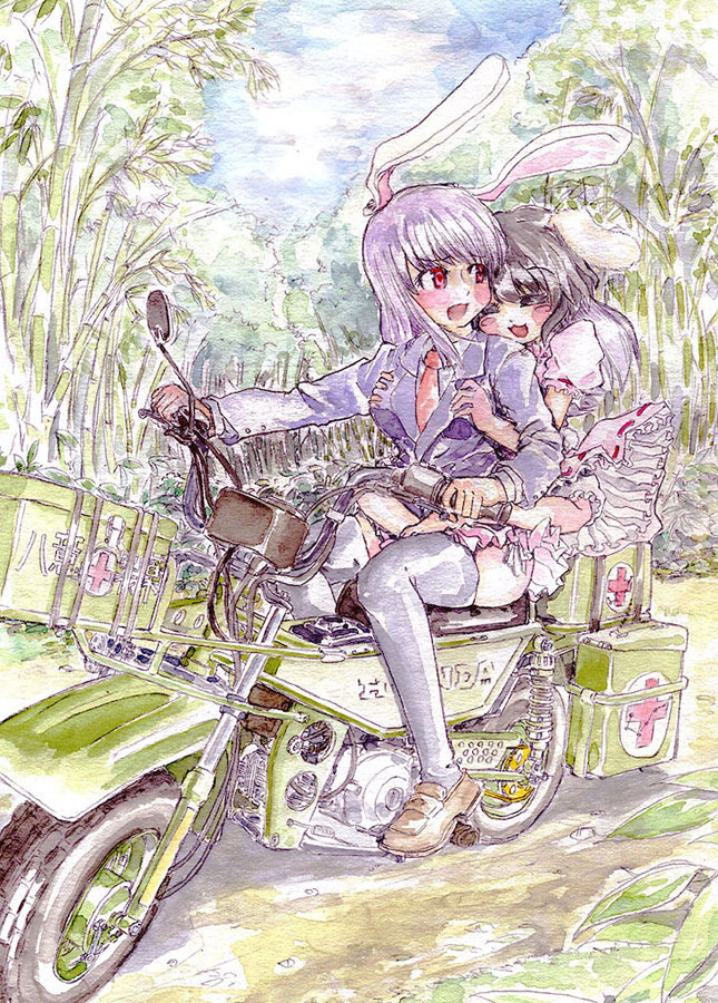 animal_ears bamboo bamboo_forest black_hair black_legwear black_thighhighs blazer bloomers bunny_ears forest honda inaba_tewi long_hair master_(4th) multiple_girls nature panties purple_hair rabbit_ears red_eyes reisen_udongein_inaba short_hair side-tie_panties thigh-highs thighhighs touhou traditional_media underwear watercolor_(medium)