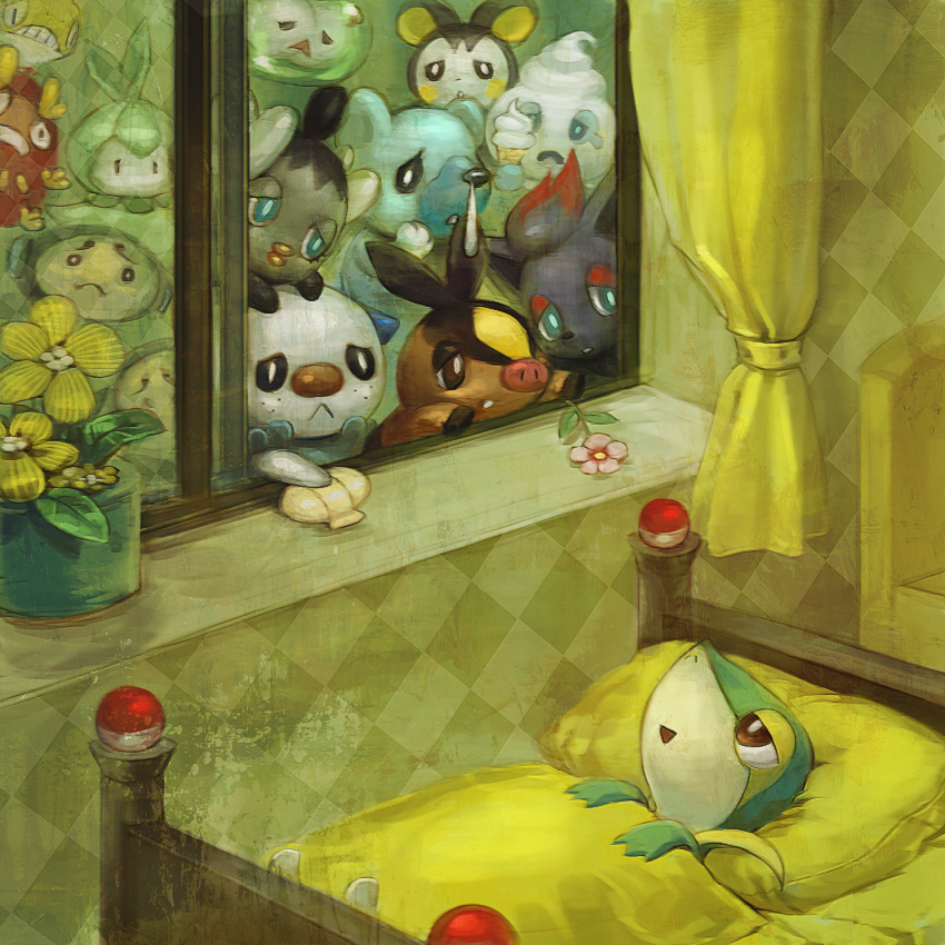 bed cubchoo darumaka emolga flower food gothita ice_cream kabu_kabu no_humans oshawott petilil pokemon pokemon_(creature) pokemon_(game) pokemon_black_and_white pokemon_bw sad scraggy shell sick snivy solosis tepig tympole vanillite zorua