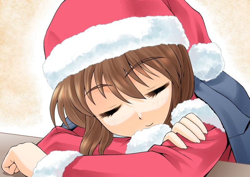 hagiwara_yukiho hat idolmaster nokia_(harusion) santa_costume santa_hat short_hair sleeping smile solo