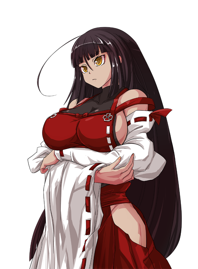 bare_shoulders breasts brown_hair detached_sleeves huge_breasts japanese_clothes long_hair m.u.g.e.n miko mugen_(game) original pixiv_manga_sample rekise sendai_hakurei_no_miko sideboob touhou transparent_background yellow_eyes