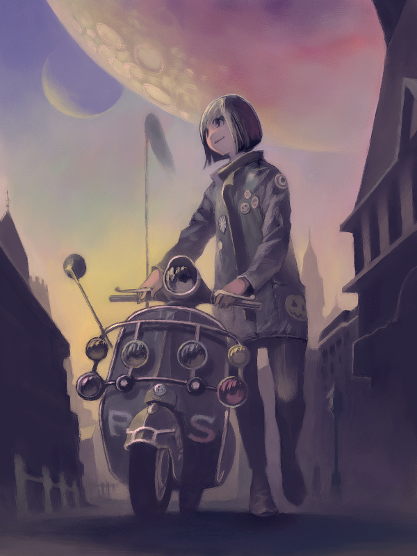 black_hair bob_cut city coat fantasy from_below futurist grin motor_vehicle motorcicle multiple_moons original risa_hibiki scarf scooter short_hair sky smile solo tower vehicle vespa