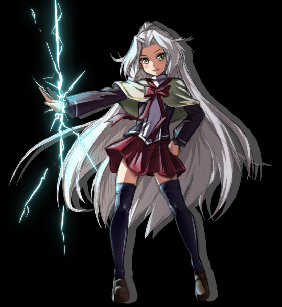 capelet electricity green_eyes hand_on_hip kimoto_kanata legs loafers long_hair male original school_uniform shoes silver_hair skirt solo thigh-highs thighhighs trap very_long_hair white_hair zettai_ryouiki