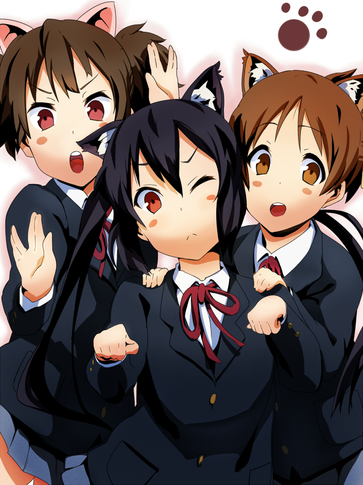 :d animal_ears bad_id black_hair blazer blush_stickers brown_eyes brown_hair hand_on_shoulder hirasawa_ui k-on! long_hair multiple_girls nakano_azusa nuezou open_mouth paw_print pig ribbon school_uniform short_hair short_twintails skirt smile suzuki_jun twintails very_long_hair vulcan_salute wince wink