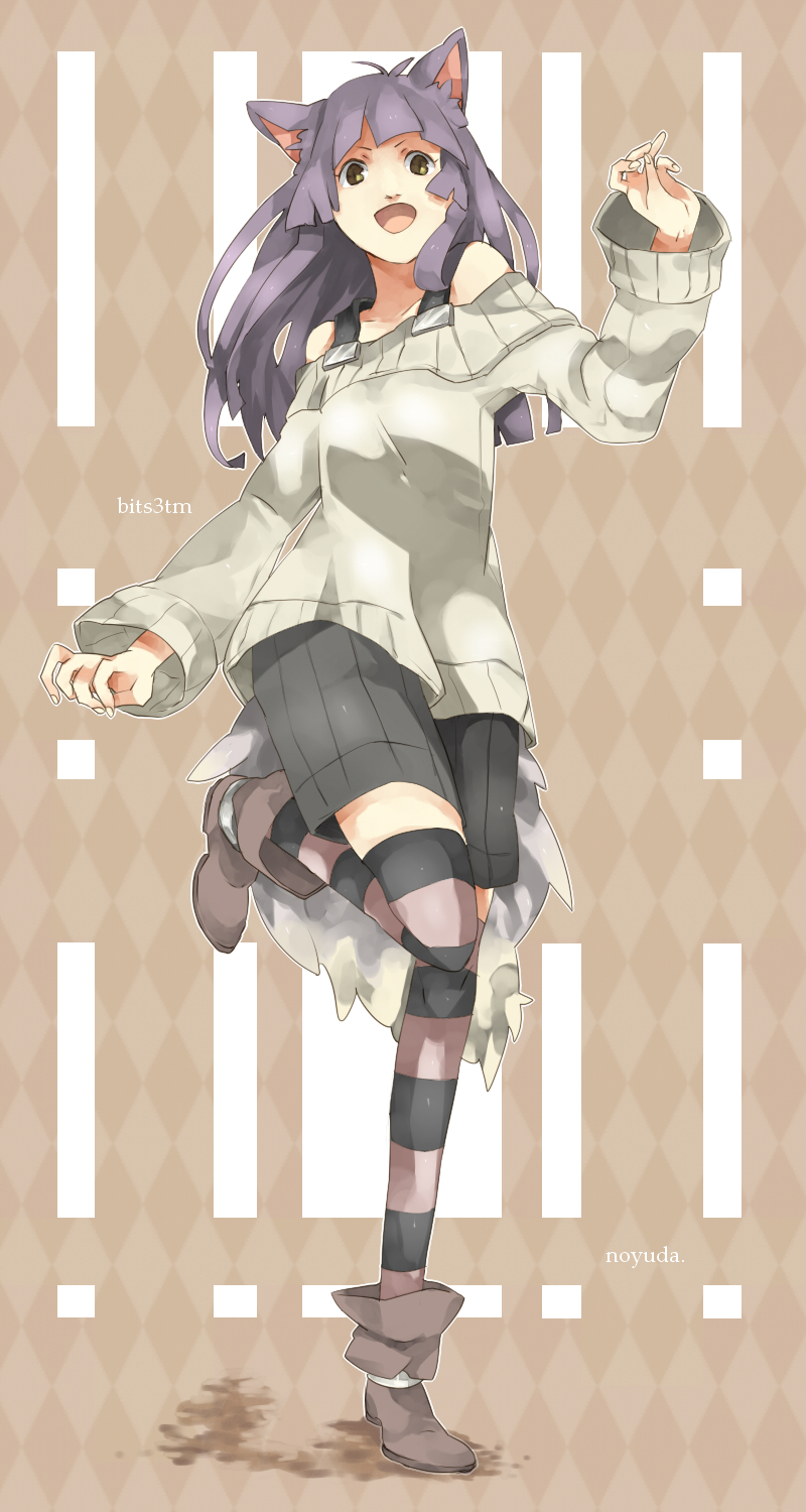 bare_shoulders boots highres long_hair long_sleeves multicolored_legwear multicolored_thighhighs pants purple_hair running satomo short_pants shorts smile solo sweater tail thigh-highs thighhighs yellow_eyes