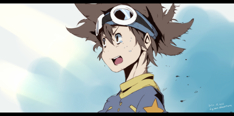 brown_hair digimon digimon_adventure goggles goggles_on_head hairband hajime_(hajime-ill-1st) letterboxed short_hair solo tears yagami_taichi