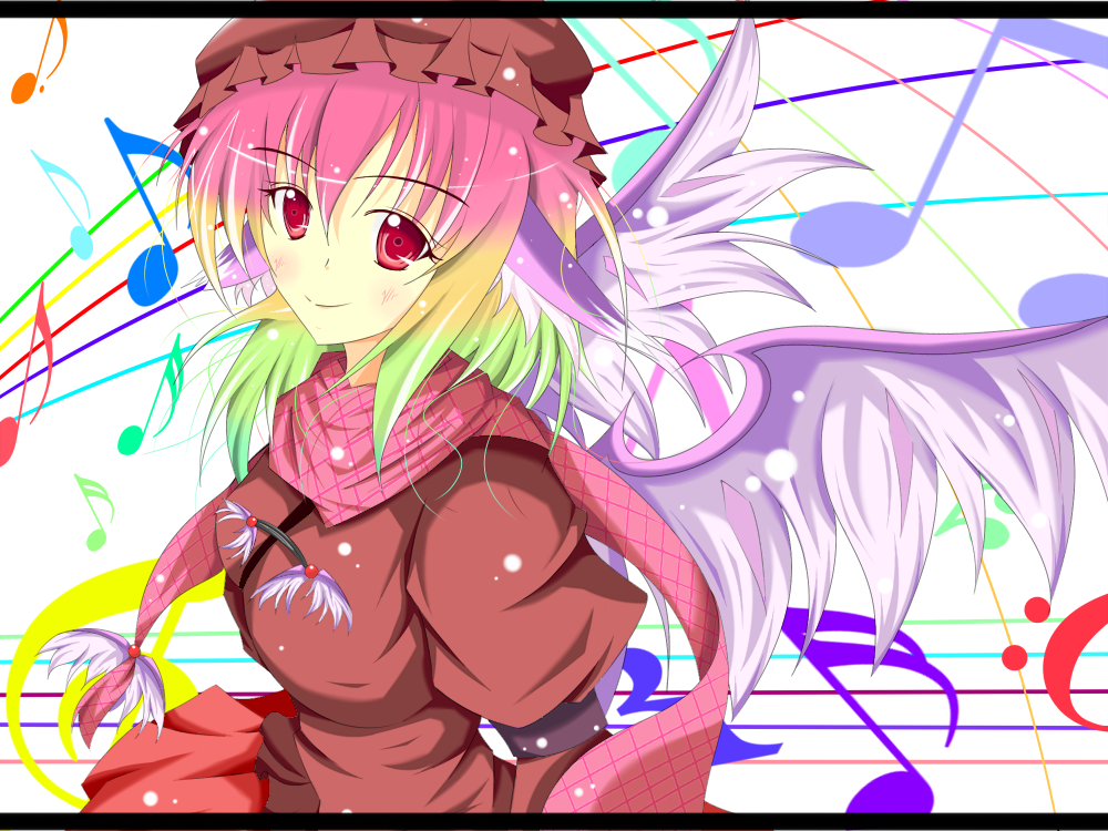 alternate_costume animal_ears bad_id blush breasts contemporary gradient_hair hat letterboxed multicolored_hair musical_note mystia_lorelei plaid plaid_scarf red_eyes scarf skirt smile snow solo touhou wings