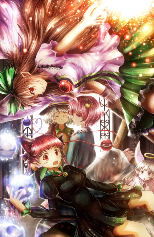 animal_ears arm_cannon black_hair bow braid cape cat_ears cat_tail closed_eyes dress eyeball fairy hair_bow hairband halo hat heart kaenbyou_rin komeiji_koishi komeiji_satori long_hair multiple_girls multiple_tails nin_(female) open_mouth pink_eyes pink_hair red_eyes red_hair reiuji_utsuho ribbon short_hair silver_hair skirt smile subterranean_animism tail third_eye touhou twin_braids weapon