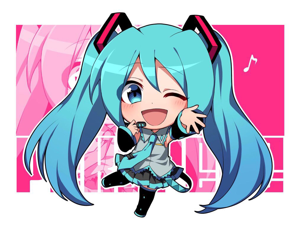 1girl ;d bangs black_footwear black_skirt blue_eyes blue_hair blue_neckwear boots chibi detached_sleeves eighth_note eyebrows_visible_through_hair full_body grey_shirt hatsune_miku headset kuroshirase long_hair looking_at_viewer microphone musical_note necktie one_eye_closed open_mouth outline pleated_skirt shirt skirt sleeveless smile solo standing standing_on_one_leg thigh-highs thigh_boots twintails very_long_hair vocaloid white_outline zoom_layer
