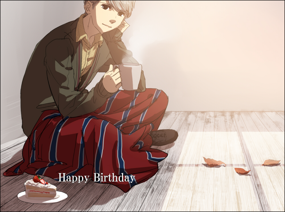 birthday cake casual cup food grey_hair happy_birthday koredemoka male mug narukami_yuu persona persona_4 seta_souji solo