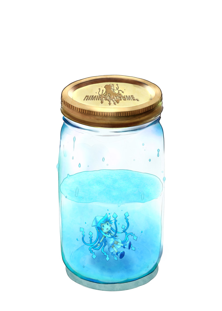 bracelet commentary dress engrish hat ikamusume jar jewelry kouji_(campus_life) long_hair mason_jar mini-ikamusume minigirl ranguage shinryaku!_ikamusume solo water