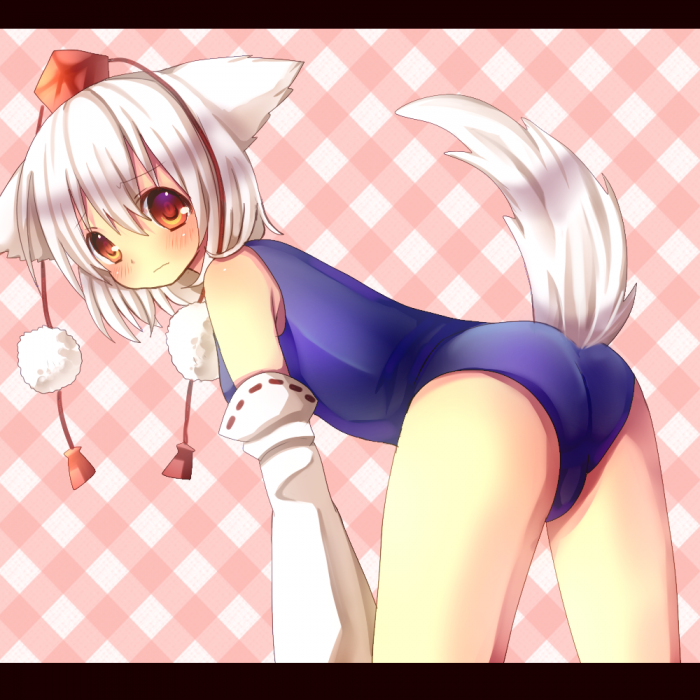 animal_ears bare_shoulders blush detached_sleeves embarrassed hat hina_hina inubashiri_momiji leaning_forward one-piece_swimsuit red_eyes school_swimsuit short_hair silver_hair solo swimsuit tail tokin_hat touhou white_hair wolf_ears wolf_tail