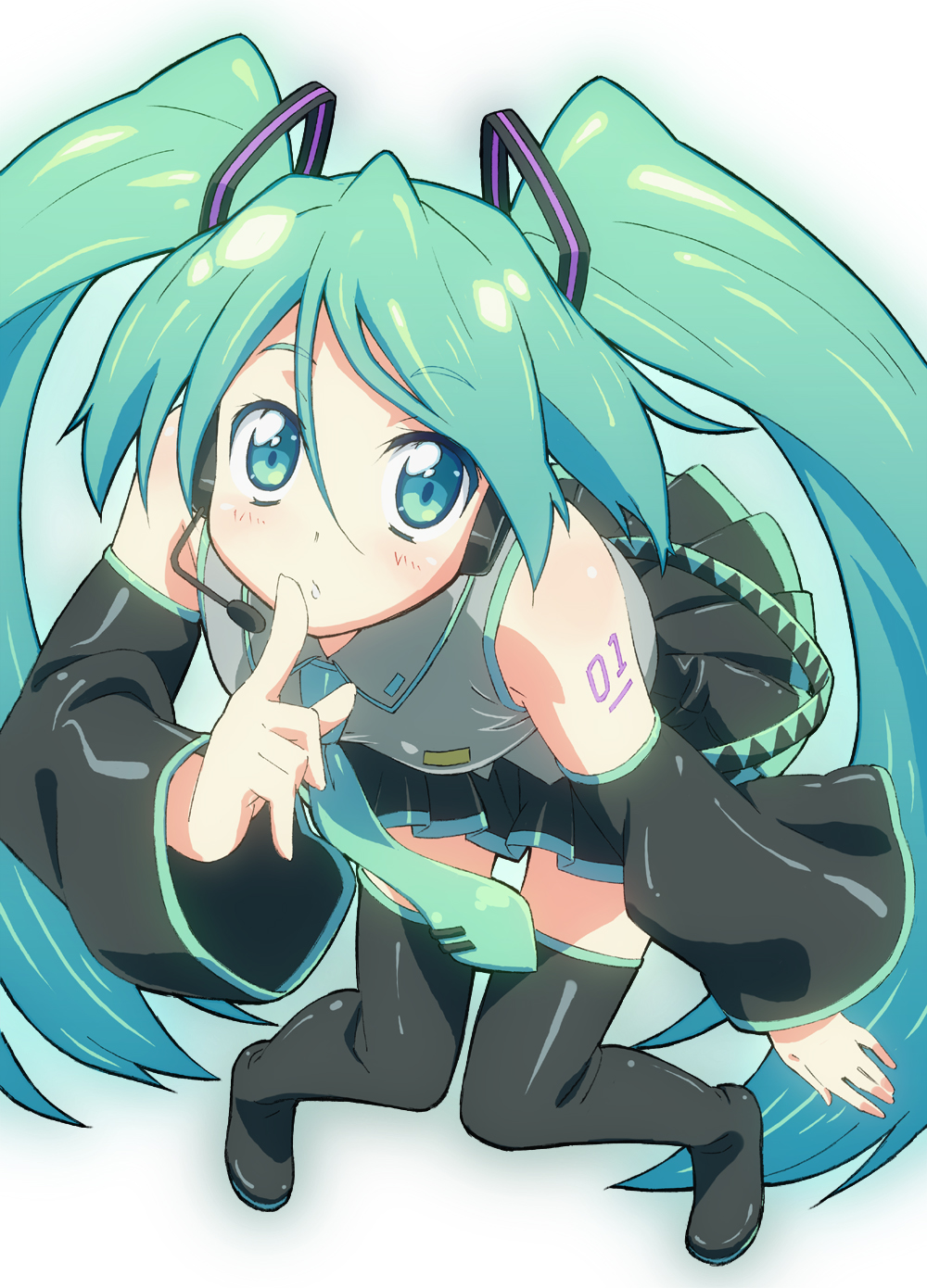 detached_sleeves green_eyes green_hair hatsune_miku headset highres long_hair nagamori necktie shushing simple_background skirt solo thigh-highs thighhighs twintails very_long_hair vocaloid