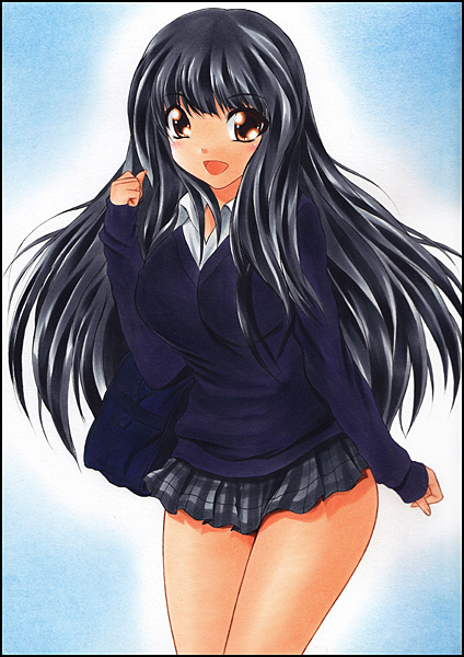 long_hair marker_(medium) original pastel_(medium) red_eyes school_uniform solo sweater traditional_media yadokari_genpachirou