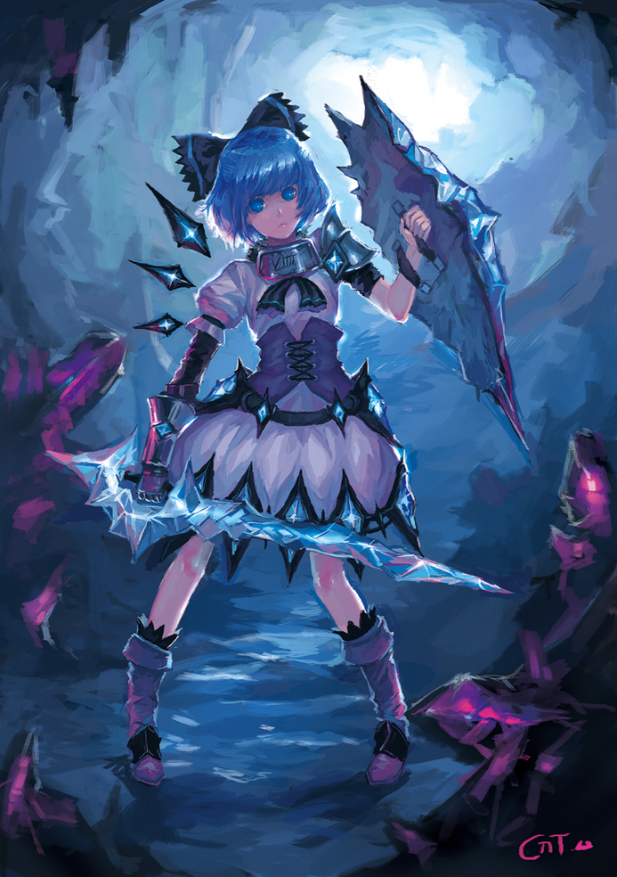 alternate_costume armor armored_dress blue_eyes blue_hair boots bow catsila cirno crystal dress gauntlets gem gloves hair_bow headband ice_sword shield short_hair solo sword touhou weapon wings