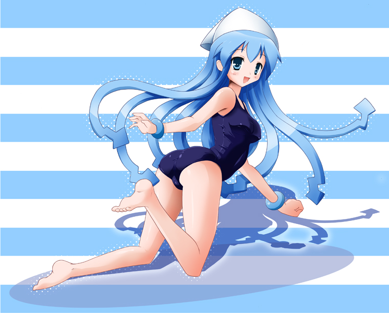 blue_eyes blue_hair hat ikamusume kanaregawa_misato legs long_hair looking_back one-piece_swimsuit school_swimsuit shinryaku!_ikamusume solo swimsuit tentacle_hair