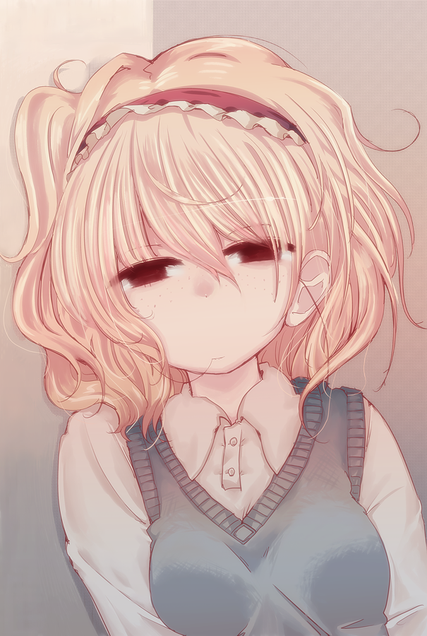 blonde_hair cream_(artist) cream_(nipakupa) freckles hair_in_mouth hairband leaning messy_hair short_hair sleepy solo sweater_vest touhou