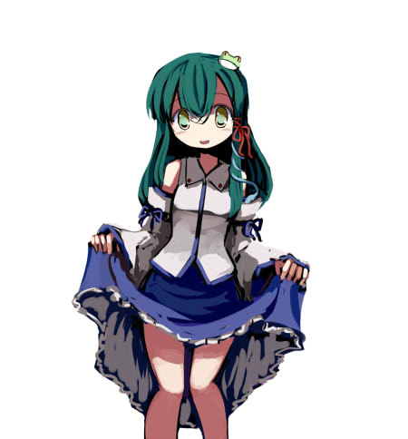 frog gatau green_eyes green_hair hair_ornament kochiya_sanae long_hair lowres skirt skirt_lift snake solo touhou