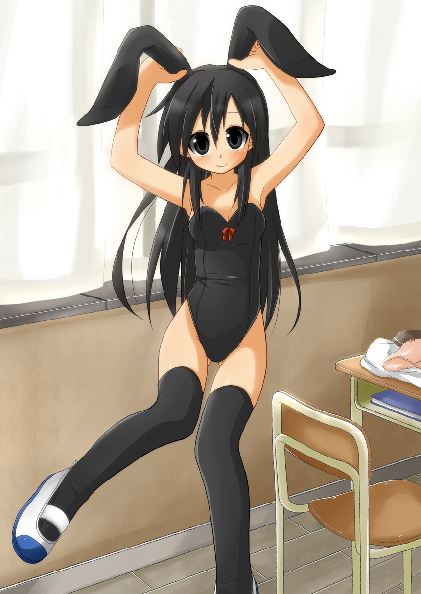 black_eyes black_hair bunny_ears bunnysuit highres long_hair misspromise original rabbit_ears school_desk shoes solo thigh-highs thighhighs uwabaki window