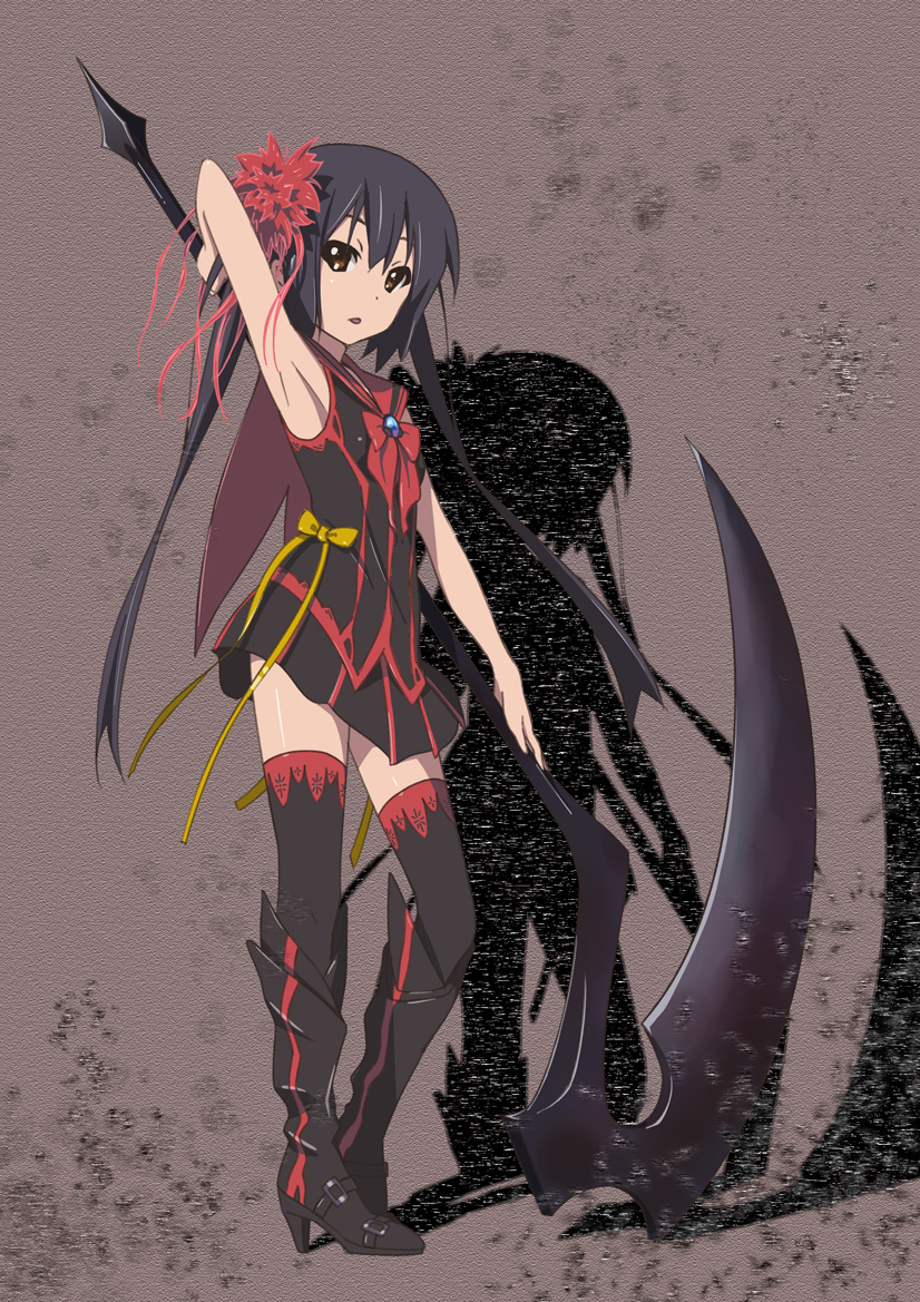 alternate_costume arm_up armpits black_hair boots brown_eyes errant flower hair_flower hair_ornament high_heels k-on! knee_boots long_hair nakano_azusa scythe shadow shoes solo thigh-highs thighhighs twintails very_long_hair weapon