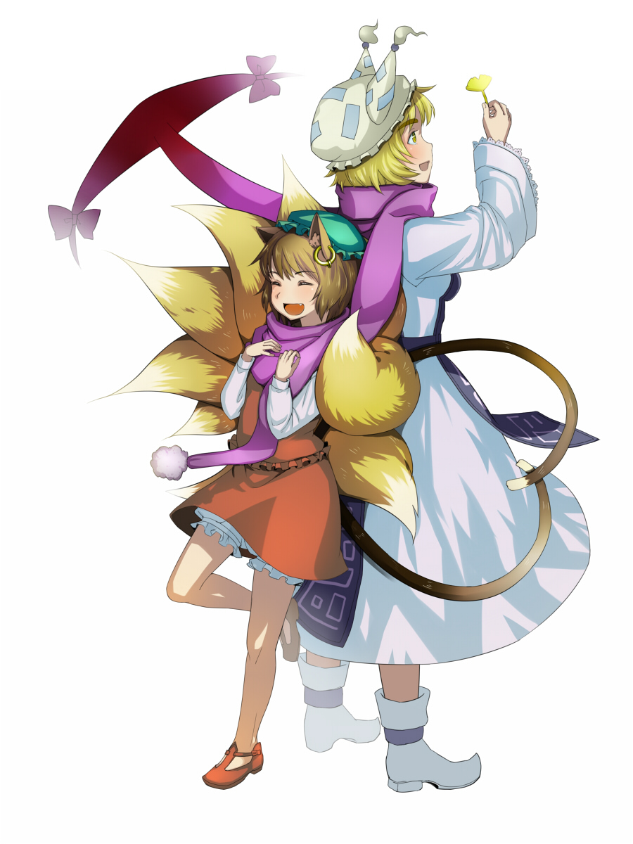 afulu animal_ears blonde_hair brown_hair cat_ears cat_tail chen closed_eyes earrings fang fox_tail gap hat heart heart_tail highres jewelry mugishima multiple_girls multiple_tails scarf shared_scarf smile tail touhou yakumo_ran yellow_eyes