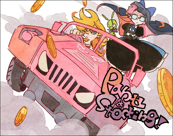 annoyed bad_id car chuck chuck_(psg) coin dutch_angle faux_traditional_media foreshortening gori_matsu hummer motor_vehicle multiple_girls panty_&amp;_stocking_with_garterbelt panty_(character) panty_(psg) see-through_(psg) smoke stocking_(character) stocking_(psg) sunglasses vehicle wind wink
