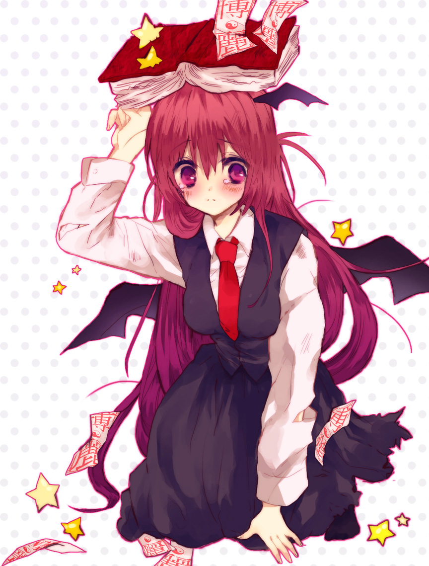 bat_wings blush book dress head_wings koakuma necktie ofuda purple_eyes red_hair solo star tears torn_clothes touhou wings yukirar