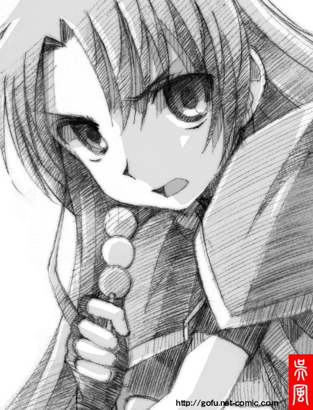 densetsu_no_yuusha_no_densetsu ferris_eris fingerless_gloves food gloves gofu long_hair monochrome open_mouth sketch solo traditional_media wagashi