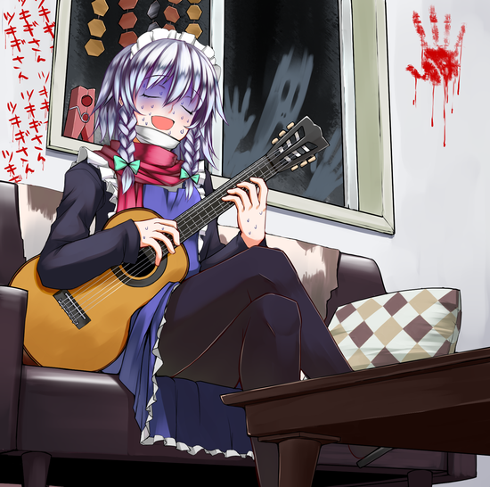 1boy alternate_costume black_legwear blood blood_stain braid character_name closed_eyes cosplay couch crossed_legs ghost guitar hair_ribbon hand_print instrument iwanori izayoi_sakuya izayoi_sakuya_(cosplay) long_sleeves maid_headdress open_mouth pale_face pantyhose pillow playing_instrument red_scarf ribbon scarf short_hair silver_hair sitting smile solo surgical_mask sweat table touhou tsukigi_(cosplayer) twin_braids window