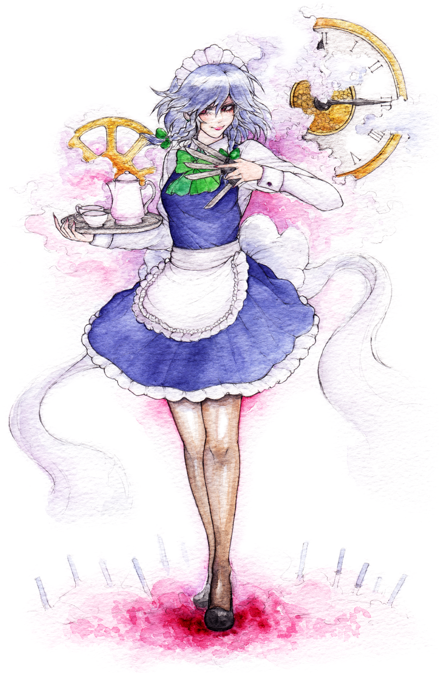 bad_id braid highres izayoi_sakuya knife lewis maid maid_headdress pantyhose red_eyes short_hair silver_hair smoke solo touhou traditional_media tray twin_braids watercolor_pencil_(medium)