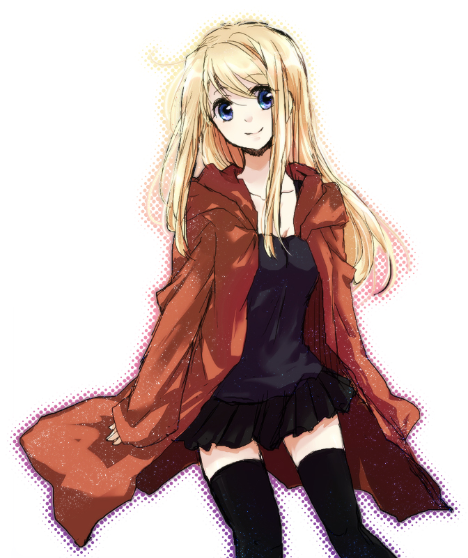 black_legwear blonde_hair blue_eyes fullmetal_alchemist jacket long_hair polka_dot skirt smile solo thigh-highs thighhighs tsukuda0310 winry_rockbell zettai_ryouiki