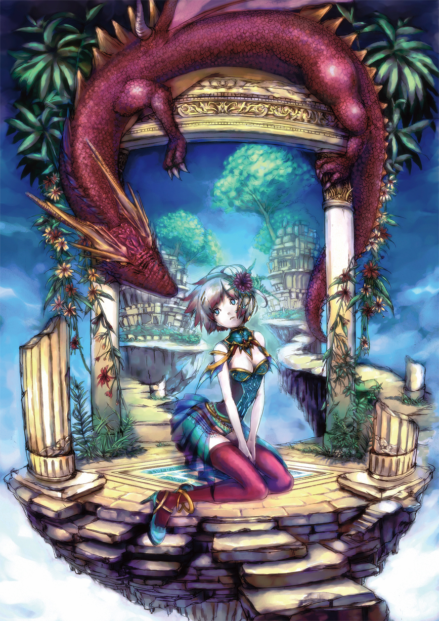 brown_hair door dragon fantasy flower hair_flower hair_ornament highres original pillar short_hair sitting solo thigh-highs thighhighs wacchi30