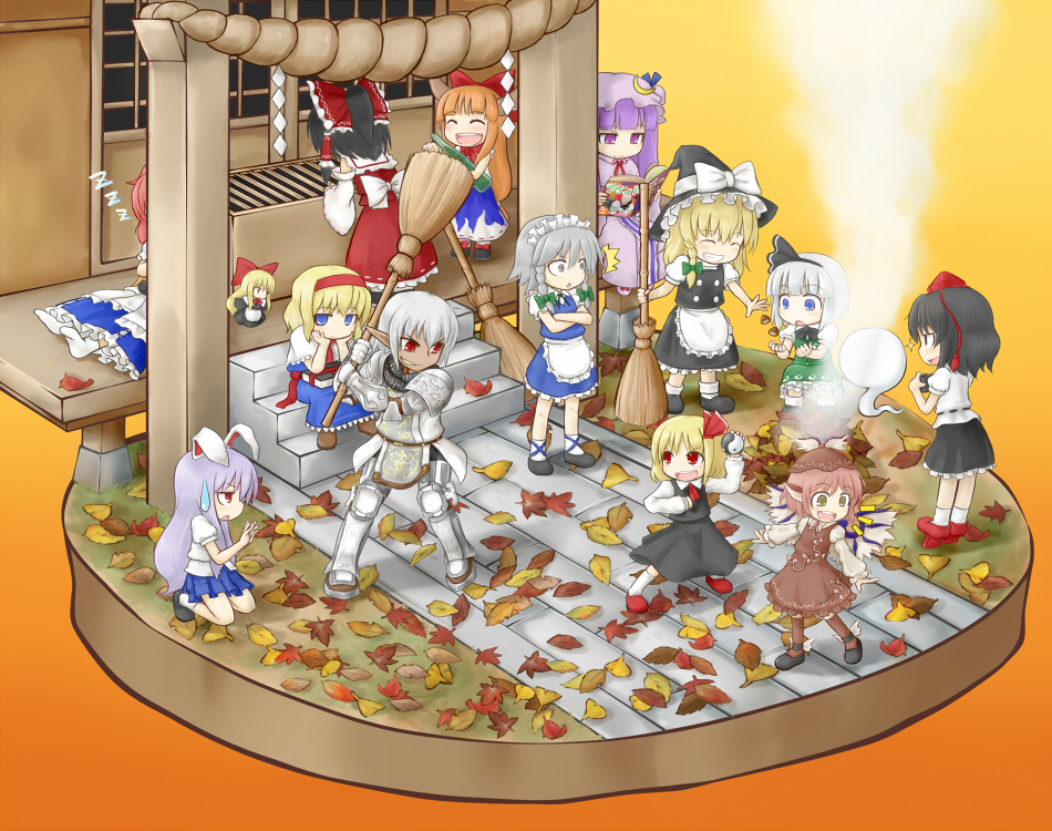 alice_margatroid animal_ears armor bow broom bunny_ears buront doll elf elvaan final_fantasy final_fantasy_xi gauntlets geta ghost greaves hakurei_reimu hat ibuki_suika izayoi_sakuya kirisame_marisa konpaku_youmu konpaku_youmu_(ghost) leaf myon mystia_lorelei nice onozuka_komachi patchouli_knowledge pointy_ears reisen_udongein_inaba rumia shameimaru_aya shanghai shanghai_doll shide shimenawa shrine skirt sleeping smoke sweatdrop tengu tengu-geta the_iron_of_yin_and_yang touhou wings witch_hat yin_yang