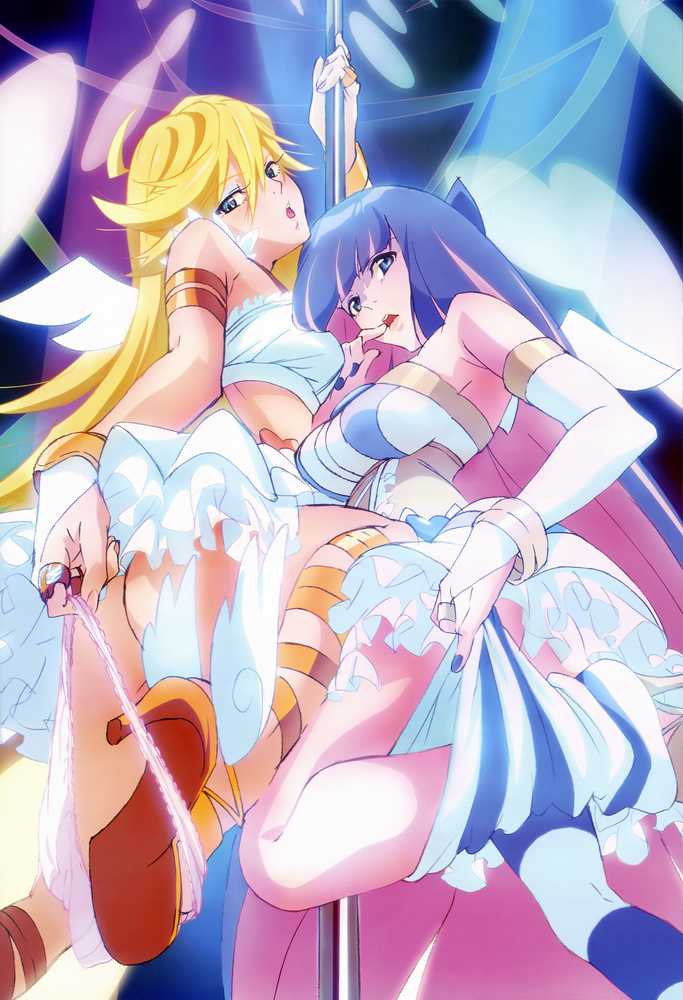 blonde_hair duplicate gothic_lolita high_heels jewelry lolita_fashion midriff nail_polish panties panty_&amp;_stocking_with_garterbelt panty_(character) panty_(psg) panty_(sexy) pole_dancing sandals shoes stocking_(character) stocking_(psg) stocking_(sexy) stripper_pole sweet_lolita thigh-highs thighhighs underwear undressing wings