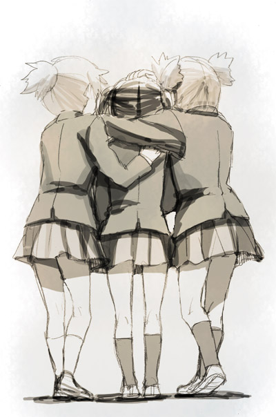 blazer footwear from_behind fukutarou_(enji127) hand_on_head hirasawa_ui hug k-on! lowres monochrome multiple_girls nakano_azusa ponytail school_uniform short_twintails skirt socks suzuki_jun twintails