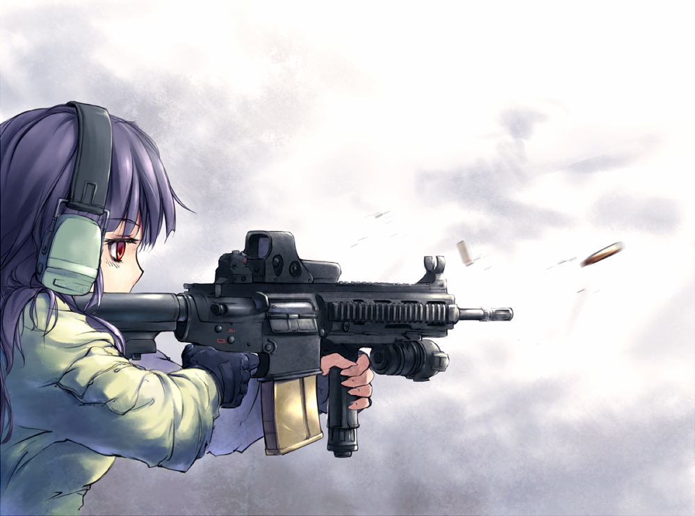 assault_rifle casing_ejection ear_protection earmuffs eotech fingerless_gloves firing from_behind gloves gun headphones hk417 long_hair nightmaremk2 operator original purple_hair red_eyes rifle shell_casing solo vertical_foregrip weapon